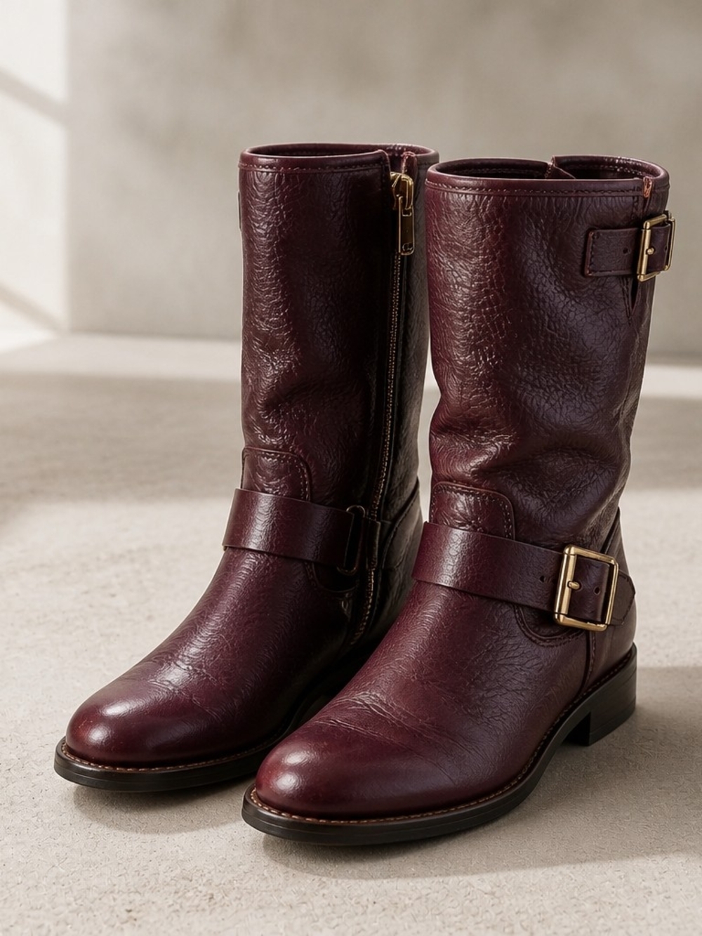 Vince Camuto VC Windy Burgundy Leather Moto Engineer Boots Size 9 - Picture 3 of 10